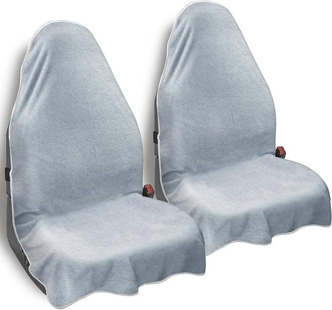 Car Seat Towel Cover, 2pcs Universal Front Seat Protector for Cars, SUVs and Trucks, Sweat Towel Car Seat Cover for Gym, Yoga, Swimming, Pets and Family Travel, Light Gray