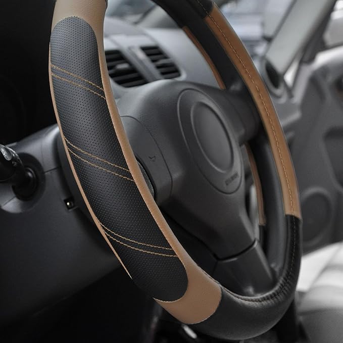 Elantrip Leather Steering Wheel Cover 14 1/2 to 15 inch Universal Padded Soft Grip Breathable for Car Truck SUV Jeep Anti Slip Brown