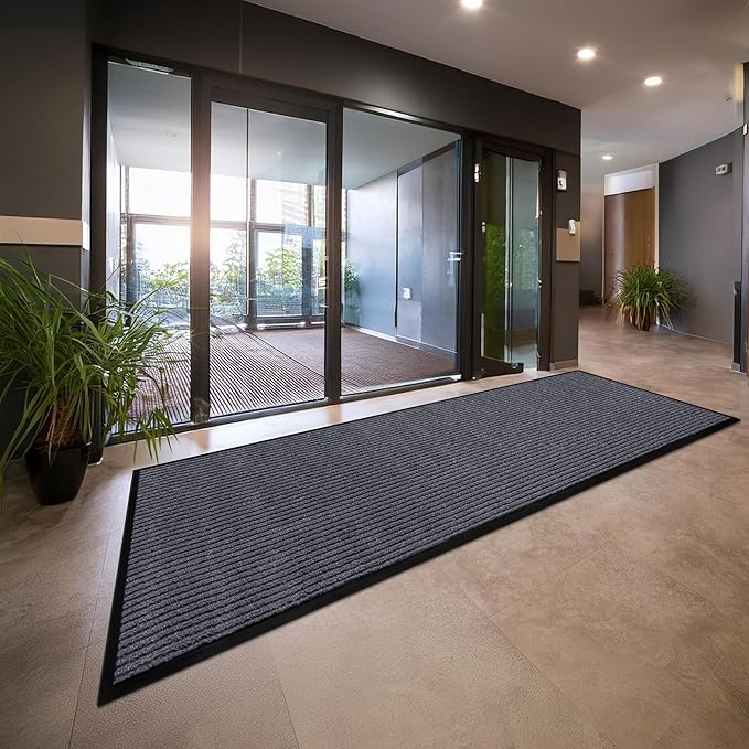 MaxMat® Heavy Duty Floor Mat - Large Commercial, Indoor/Outdoor, Waterproof, Low-Profile, Easy to Clean Doormat (2 x 6 Feet, Grey, MXM-RIB0026GY)