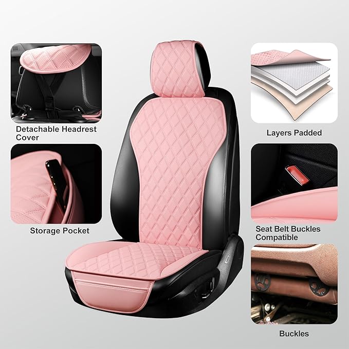 2PCs Front Car Seat Covers, Leather Seat Covers with Steering Wheel Cover and Two Seat Belt Pads, Waterproof Seat Covers for Cars Universal Fit 95% Vehicles (Pink)
