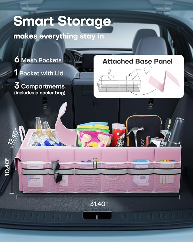 HOTOR Collapsible Car Trunk Organizer with Built-In Leakproof Cooler - Multi-Compartment Storage for SUV, Sedan & Vehicles, Base Panel Included (3 Sections, Pink, 31.9"×12.6"×10.6")