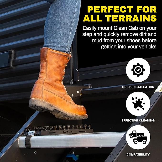 Universal Fit Truck Step Mounted Brush - Heavy Duty Boot Brush for Trucks, RVs, SUVs, and Semis - Easy Velcro Mounting - Perfect for Camping, Jobsite, and Home - Durable and Reliable