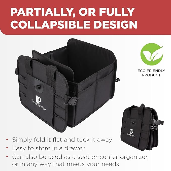 TRUNKCRATEPRO Car Organizers and Storage Premium Adjustable Multi Compartments Car Storage Organizer | Portable and Foldable SUV Trunk Organizer for Car (Standard size, black)