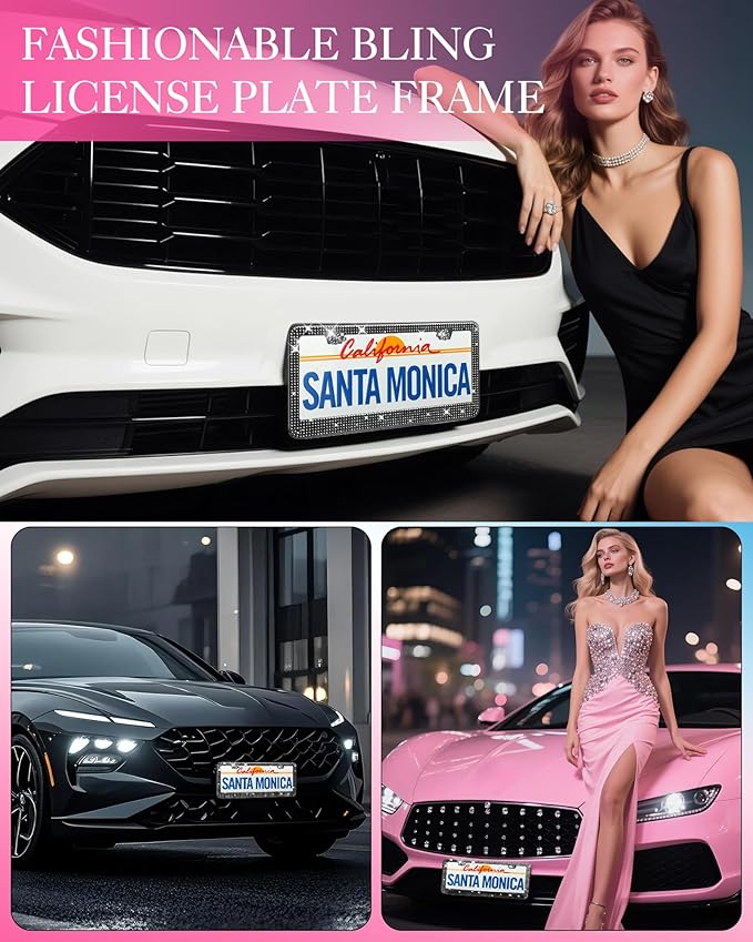 AUJEN Bling License Plate Frame for Women, Stainless Steel Cute Car Accessories, Lasting Sparkly License Plate Holder with Diamond Rhinestone Crystals, 2 Pack Gift Box Set, Pink & Black, 12.2" x 6.2"