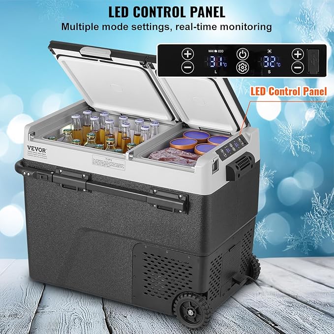 VEVOR Portable Car Refrigerator, 12 Volt Car Refrigerator Fridge, 58 L / 61.5 QT Dual Zone Portable Freezer, -4℉-68℉ Adjustable Temperature, Compressor Cooler for Home, Outdoor, Camping, RV, Car