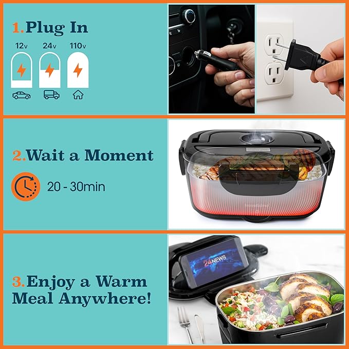 TRAVELISIMO Electric Lunch Box for Adults, 80W Heated Lunch Box 1.5L Stainless Steel Portable Food Warmer, 12/24/110V Lonchera Electrica Portatil for Travel & Work, Loncheras para Hombres de Trabajo