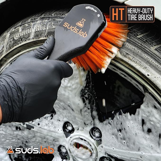 SudsLab HT Wheel and Tire Brush - Rim Cleaner Wheel Brush for Cleaning Car, Truck, Auto, Motorcycle, Detailing Tools, Curved Shape, Black, 8.5 Inch x 3 Inch x 3 Inch