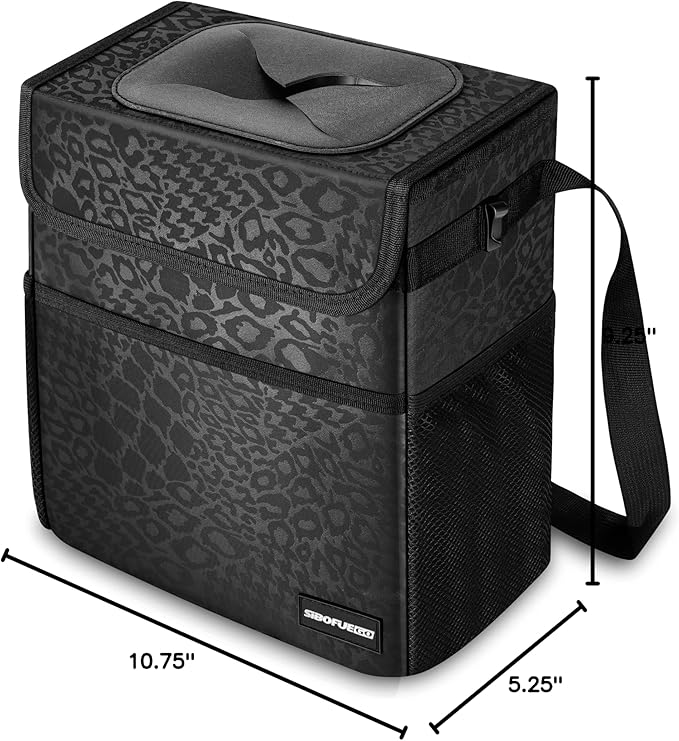 Cute Car Trash Can with Lid – Multipurpose Collapsible Trash Bin for Car, Leak-Proof Organizer, Waterproof Garbage Can with Storage Pockets & Adjustable Straps, 2 Gallons (Black Leopard)