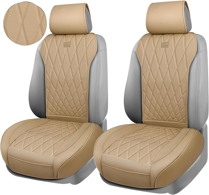CAR PASS Luxury Nappa Leather Front Car Seat Covers, Sideless Car Seat Protectors with Storage Pocket, Non-Slip Automotive Seat Cover for Cars Trucks SUV, Airbag Compatible, 2 Pack (Beige)