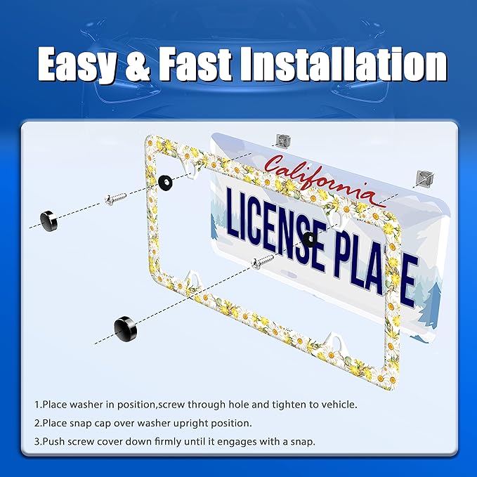 Daisy Flower License Plate Frame Beautiful Floral License Plate Stainless Steel Auto Parts Funny License Plate Decorative with Screws Size 12.3" x 6.3"