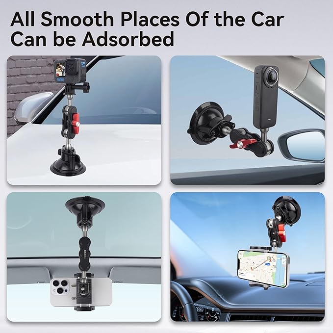 Suction Cup Car Phone Mount, 360°Rotating Car Phone Holder Video Recording, Universal Ball Head Arm for Cellphone Car Holder, Heavy Duty Car Phone Mount for Dashboard, Windshield-SJ002 (Standard02)