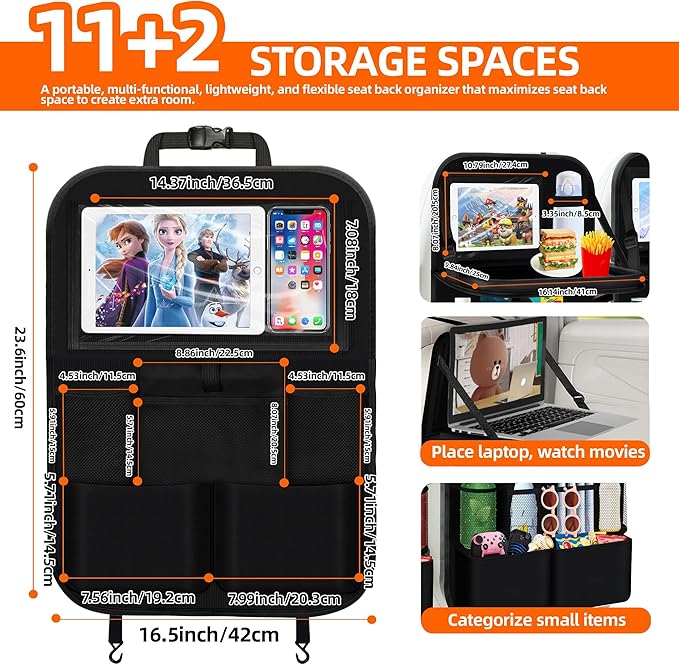 2 Pc Car Backseat Organizer with Foldable Food Tray,11+2 Storage Pockets with Tablet Holder &Cup Holder,Waterproof Kick Mats Backseat Protector Multipurpose Car Organizers Road Trip Essentials Gifts