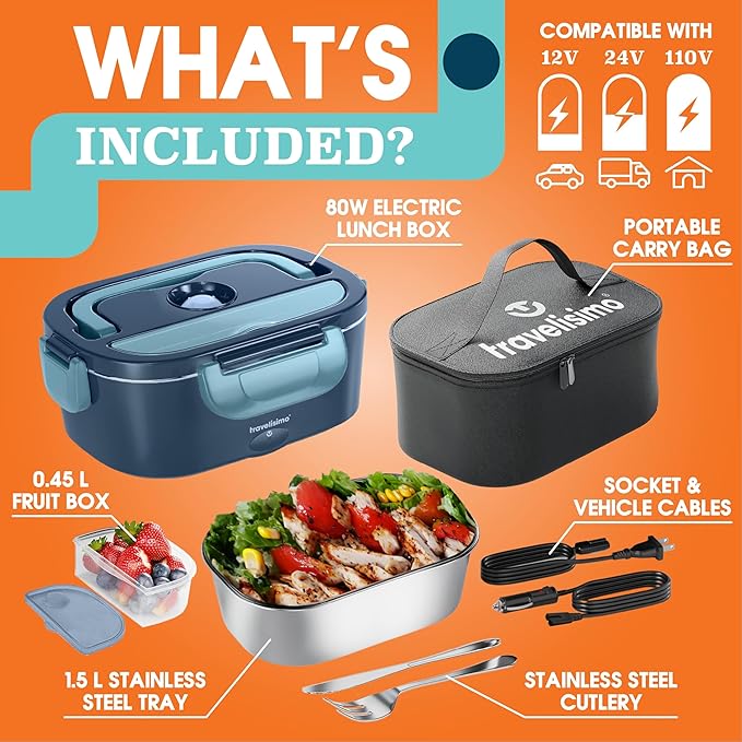 TRAVELISIMO Electric Lunch Box for Adults, 80W Heated Lunch Box 1.5L Stainless Steel Portable Food Warmer, 12/24/110V Lonchera Electrica Portatil for Travel & Work, Loncheras para Hombres de Trabajo