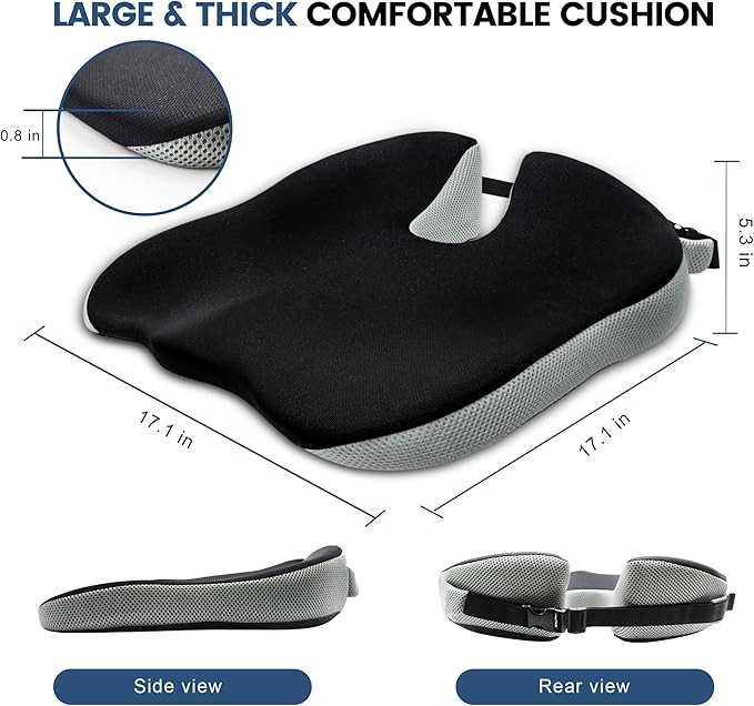 Wedge Seat Cushion for Car Truck Driver Office Chair, Memory Foam Seat Pillow with Non-Slip Bottom & Adjustable Strap for Sciatica Tailbone Pain Relief
