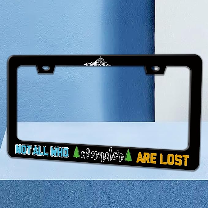 Not All Who Wander are Lost License Plate Frame Mountains Compass License Plate Holders Funny Stainless Steel Auto Accessory Bracket 2 Hole with Screws Universal Us Car License Plate Frames 6x12 Inch