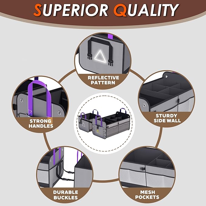 Large Capacity Trunk Organizer for Car & SUV – Waterproof with 8 Mesh Pockets, collapsible & Adjustable compartments, 84L Durable Storage with Non-Slip Base, Gray - M313