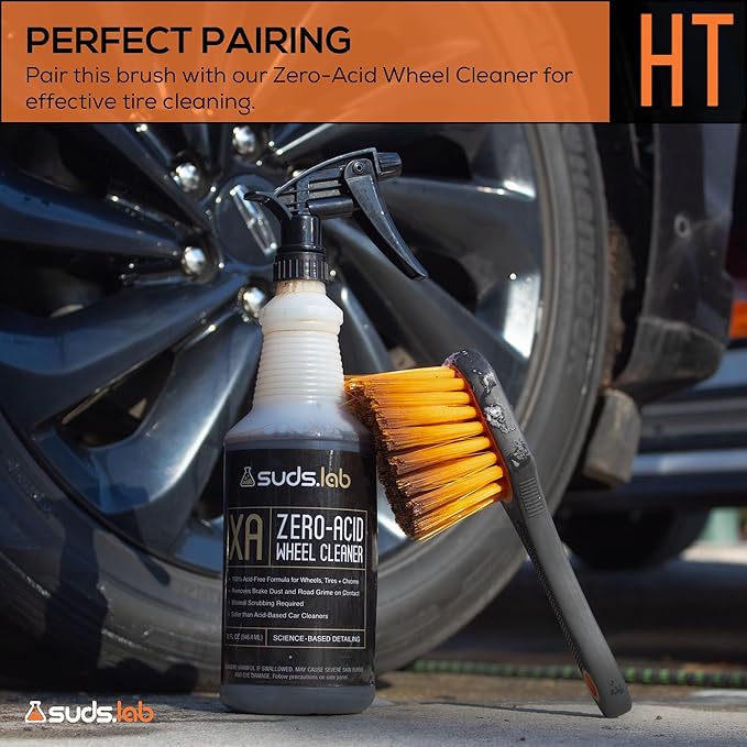 Suds Lab Heavy Duty Tire Brush Rubberized Handle Soft Bristle Car Detailing Wheel Brush, Rim, Wheel, Dust Cleaner Brush