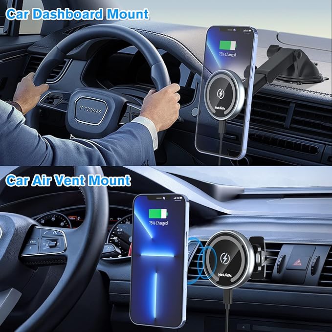 for MagSafe Car Mount Charger, Magnetic Wireless Fast Charging for iPhone16,15,14, 13, 12 Pro Max,Plus,Mini,3-in-1 Vent/Dash/Windshield Auto-Alignment Phone Holder(No 36W QC3.0 Adapter)