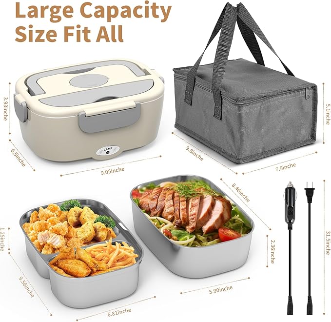Electric Lunch Box for Men, Women & Adults - 80W Fast Heating - Heated Lunch Box with Dual 1.5L SS Containers - Portable Food Warmer for Car, Truck, Office