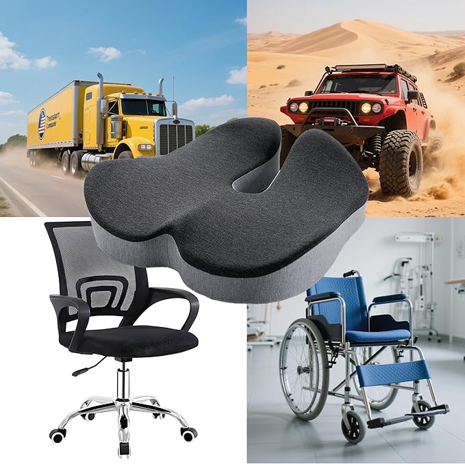 Memory Foam Seat Cushion for Office Chair Car, Home, Desk, Wheelchair Use, Ergonomic Chair Pad Portable Coccyx Cushion for Long Sitting, Tailbone & Sciatica Pain Relief (Black & Gray)