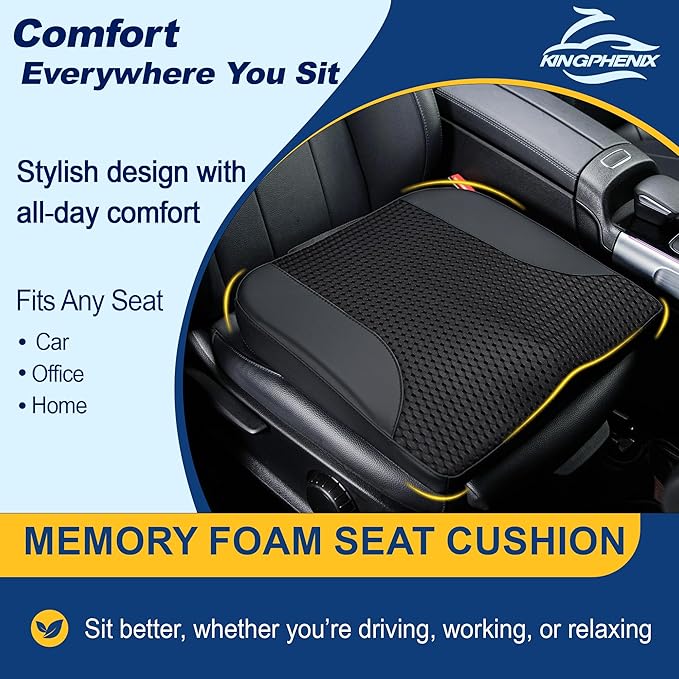 kingphenix Car Seat Cushion – Memory Foam Pad for Driving Comfort – Boosts Height and Relieves Coccyx & Lower Back Pain – Car, Truck, Office Chair (Black)