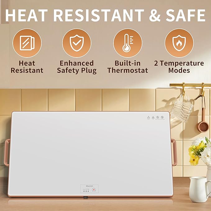 Electric Warming Tray (XXL 32”x18”),Food Warmers for Parties Buffet with Thermostat&Full Surface Heating,Tempered Glass Warming Mat for Food, Temperature Adjustable Gold Handles Food Warming Mat,White