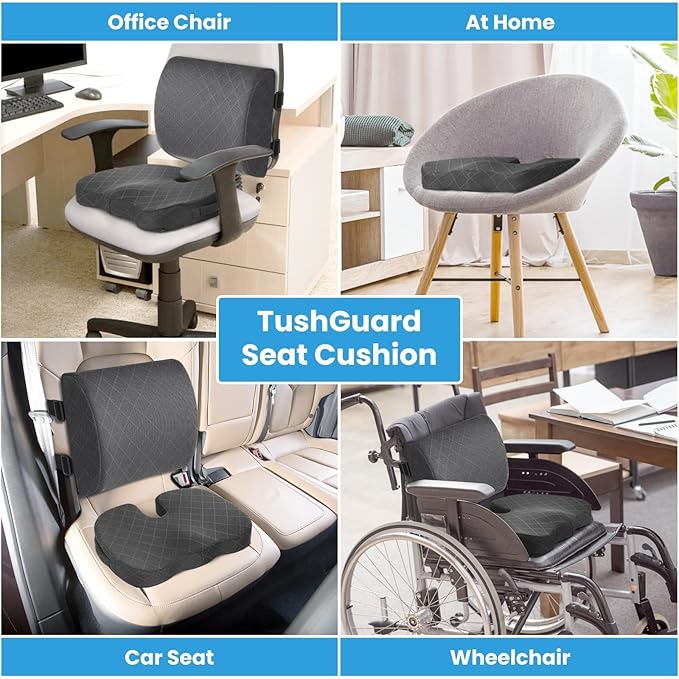 TushGuard Office Chair Cushions with Handles, Back&Seat Cushion, Sciatica & Back Coccyx Tailbone Discomfort Easing Chair Pad, Memory Foam Lumbar Support Pillow for Gaming, Desk, Wheelchair, Car(Grey)