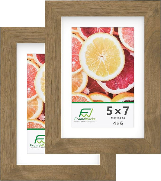 FrameWorks 2-Pack, 5x7 Matted to 4x6 Picture Frame, Dark Oak – Classic Wooden Photo Frame with Tempered Glass, Modern Matte Finish for Prints, Posters, Certificates & Wall Decor – Gallery-Ready