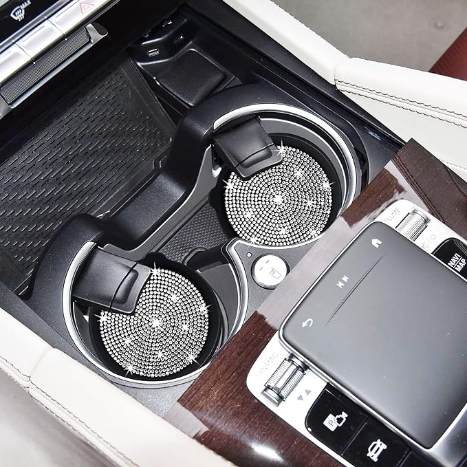 Amooca Car Cup Coaster Universal Non-Slip Cup Holders Bling Crystal Rhinestone Car Interior Accessories 4 Pack Black Whole Rhinestone