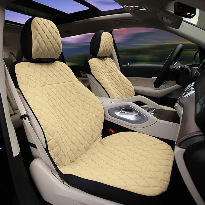 TLH Prestige 79 Diamond Stitch Beige Neosupreme Car Seat Cushions, Two Pack Seat Covers for Cars, Water Resistant, Universal Fit Car Seat Protector