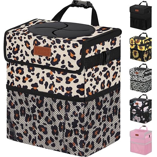 Cute Car Trash Can, Car Accessories for Women Interior Can Trash Bag Hanging Automotive Garbage Cans Leopard Pattern