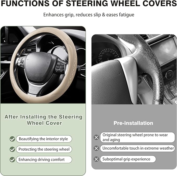 【2025 Model】 Premium Nappa Leather Car Steering Wheel Cover for Men Women, Non-Slip, Breathable, Universal 15 inches Steering Wheels, Beige