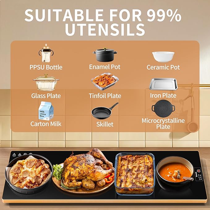 Electric Warming Tray (Extra Long 47”x12”),Food Warmers for Parties Buffet with Thermostat&Full Surface Heating, Tempered Glass Warming Mat for Food, Temperature Adjustable Gold Edges Food Warming Mat