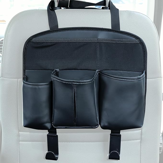 Amooca Car Backseat Organizer PU Leather Storage Bags Travel Accessories Large Pockets for Water Bottle Drink Tissue with Hooks