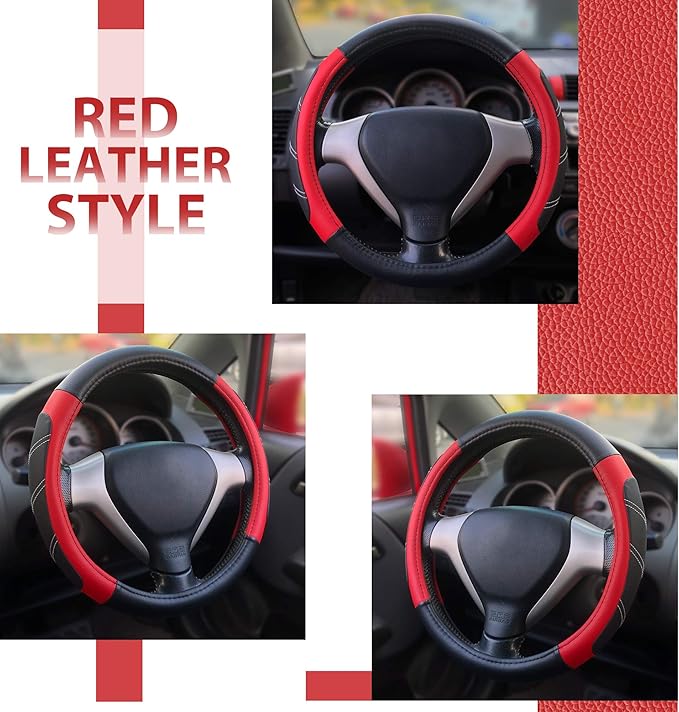 Elantrip Leather Steering Wheel Cover 15 1/2 to 16 inch Universal Large Grip Breathable for Car Truck SUV Jeep Anti Slip Black and Red