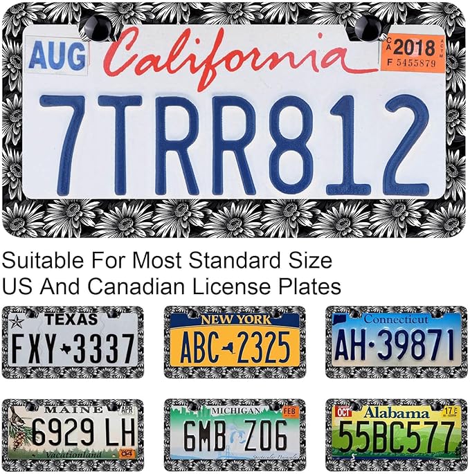 Sunflower Pattern Design on Dark Background License Plate Frames Rust-Proof Stainless Steel Screws Fasteners Included Personalized Cover for Women and Men 12.3x6.3 Inch License Plate Holder -DATANSEN