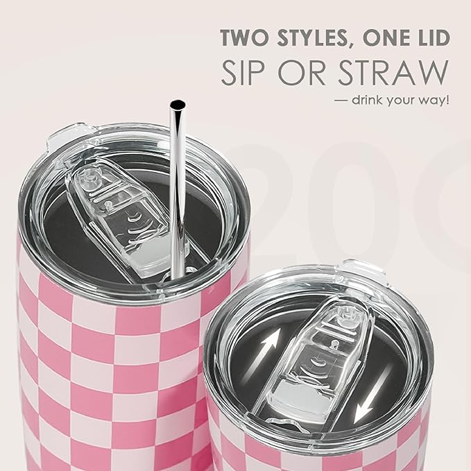 Checkered Tumbler 20oz Stainless Steel Insulated, Checker Travel Coffee Cup, Bow Gifts for Women Girls Teen, Birthday Christmas (Pink)