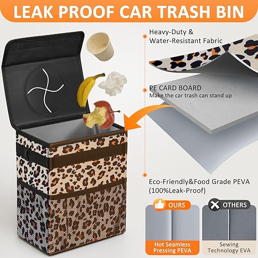 Cute Car Trash Can, Car Accessories for Women Interior Can Trash Bag Hanging Automotive Garbage Cans Leopard Pattern