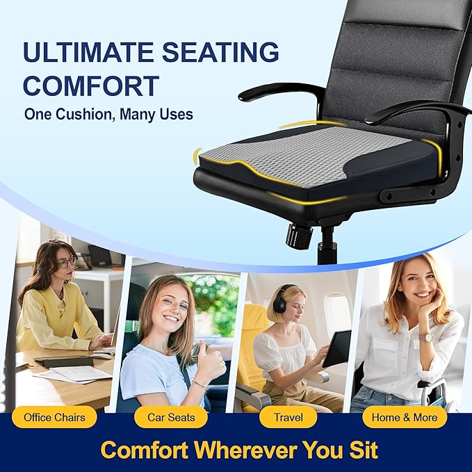 kingphenix Car Seat Cushion – Memory Foam Pad for Driving Comfort – Boosts Height and Relieves Coccyx & Lower Back Pain – Car, Truck, Office Chair (Black & Gray)