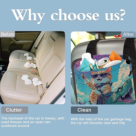 Funny Cat Riding Dinosaur Car Trash Bag,Cat Wear Sunglasses Holding Fork Strap Drawstring Car Garbage Bags,Car Back Seat Organizer with Adjustable Buckle for Car Accessories