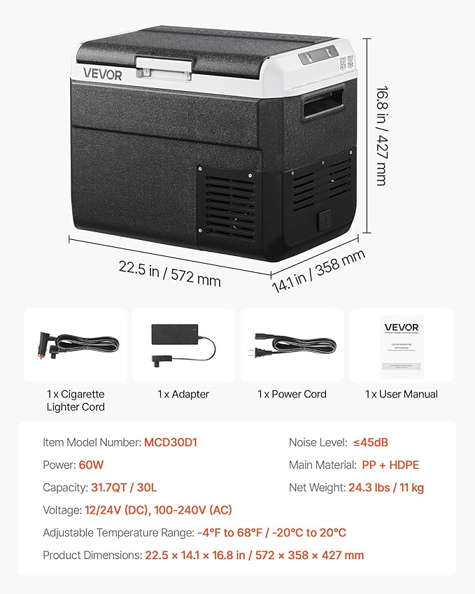 VEVOR 12 Volt Car Refrigerator, 31.7QT/30L Car Fridge, Portable Electric Cooler with -4℉~68℉ Adjustable Temperature, 12/24V DC and 100-240V AC Compressor Freezer for Outdoor, Camping, Travel, RV
