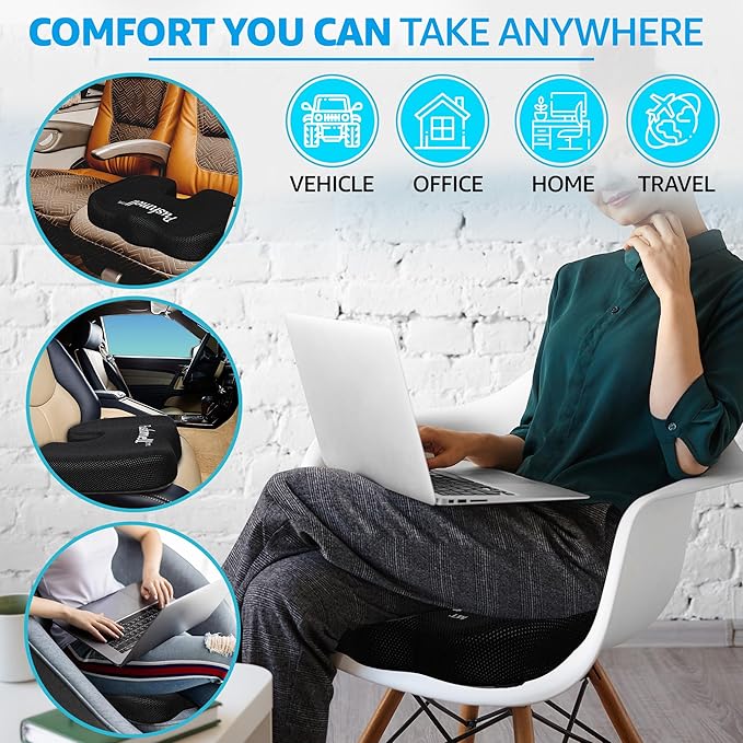 Gel & Memory Foam Seat Cushion for Tailbone & Sciatica Pain Relief – Ergonomic Office Chair & Car Seat Cushion – Chair Cushions for Desk & Home – Includes Bonus Extra Cover