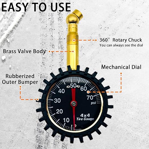 SUVCARMPING 60/70 PSI Tire Pressure Gauge Accurate Air Pressure Gauge (±1%), for Tires with Large Glow Dial, Valve Cap and Valve Core Tool, Black
