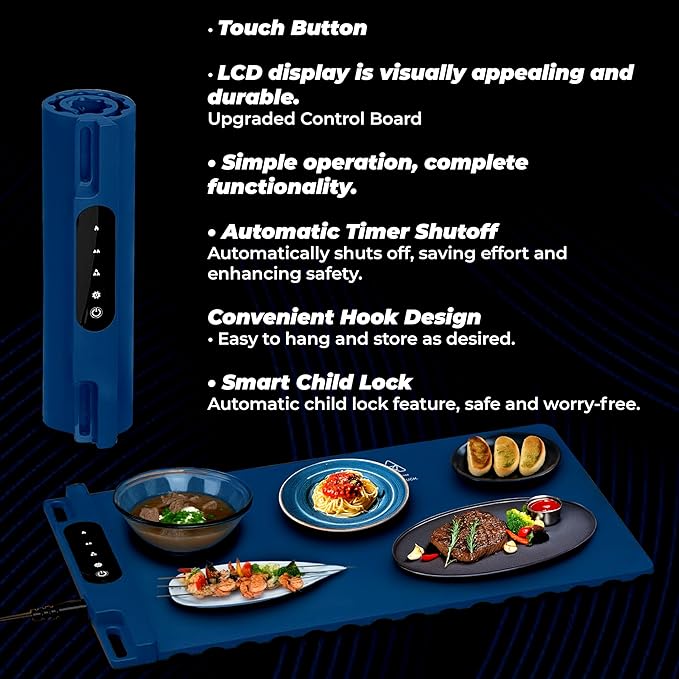 OMEO Food Warming Mat - Electric Warming Tray with 3 Temperature Settings and 1-4 Hours Timer, Full Surface Graphene Food Warmer, Premium Rollable Silicone Heating Mat Food, Gatherings, Parties(Blue)