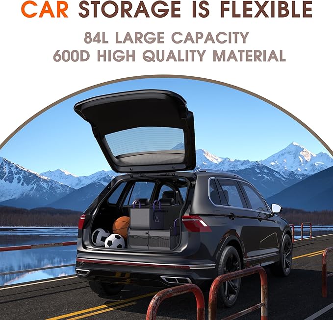 Large Capacity Trunk Organizer for Car & SUV – Waterproof with 8 Mesh Pockets, collapsible & Adjustable compartments, 84L Durable Storage with Non-Slip Base, Gray - M313