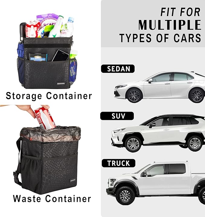 Cute Car Trash Can with Lid – Multipurpose Collapsible Trash Bin for Car, Leak-Proof Organizer, Waterproof Garbage Can with Storage Pockets & Adjustable Straps, 2 Gallons (Black Leopard)