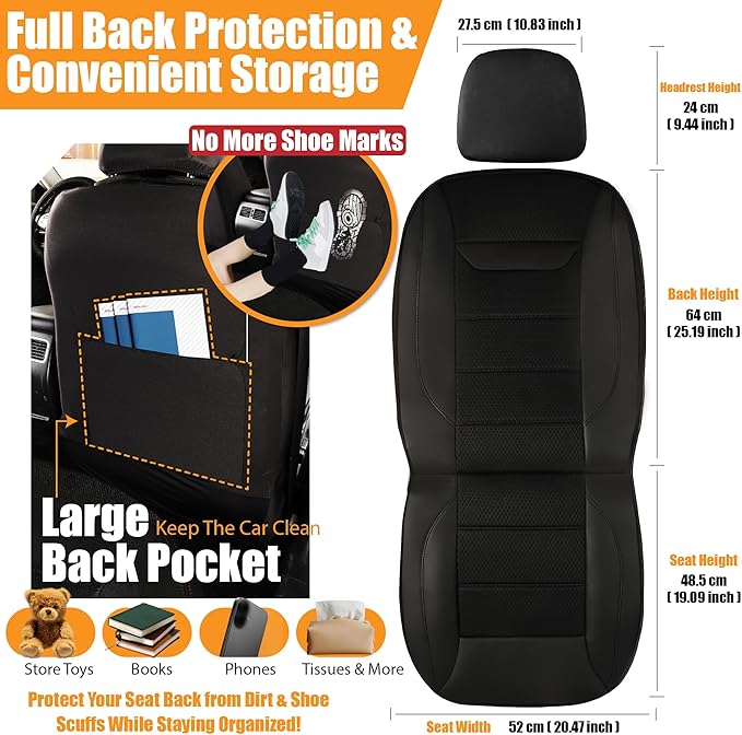 kingphenix 2 Pack Front Memory Foam Leather Car Seat Covers, Breathable 4D Mesh, Easy Install Automotive Seat Protectors, Airbag Compatible, Universal Fit for Cars, Trucks, Vans, SUV - Black