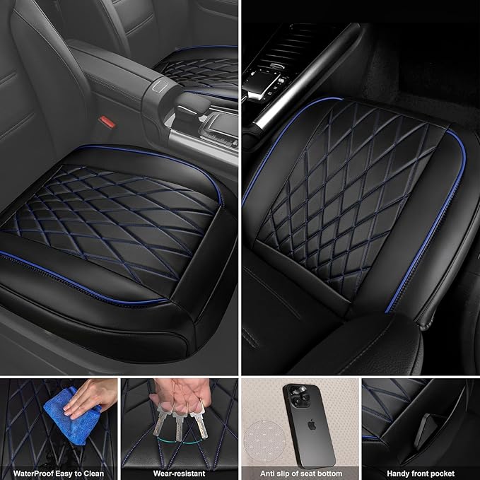 CAR PASS 1 Pack Leather Front Car Seat Cover, Bottom Seat Cover Full Wrapped with Storage Pocket, Anti-Slip Leather Seat Protector,Waterproof Seat Cushion Pad Universal Fit Sedan SUV Truck, Black Blue