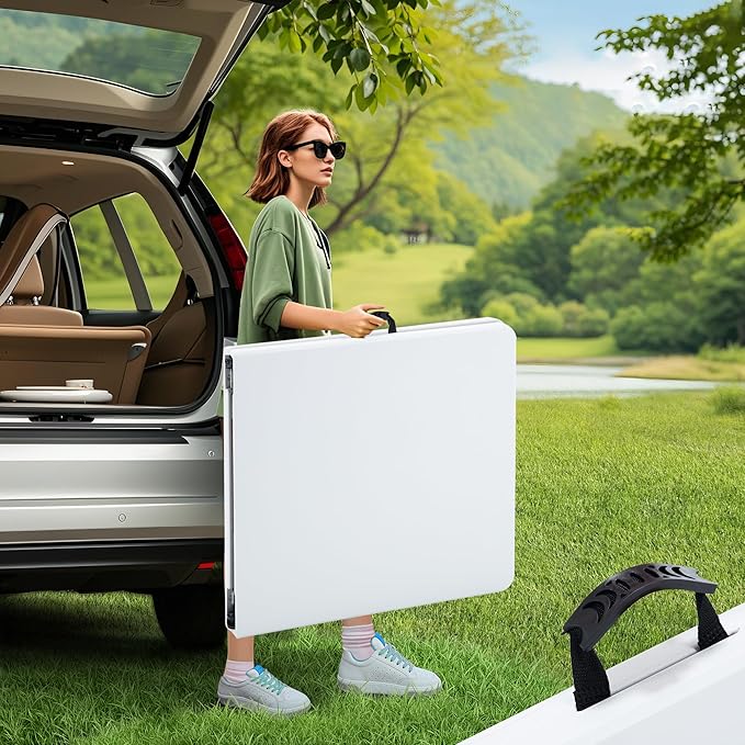 VECELO 6Ft Folding Table,Indoor Outdoor Portable Picnic Plastic Table with Mesh Trash Bag,Heavy Duty Foldable Camp Desk with Handle Legs for Dining Wedding&Party,Pearl White