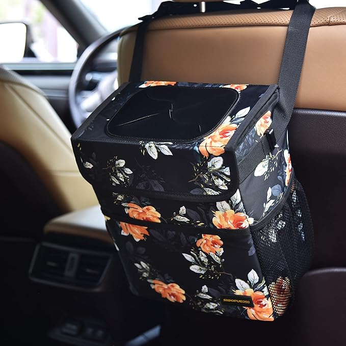 Cute Car Trash Can with Lid – Multipurpose Collapsible Trash Bin for Car, Leak-Proof Organizer, Waterproof Garbage Can with Storage Pockets & Adjustable Straps, 2 Gallons (Flower)
